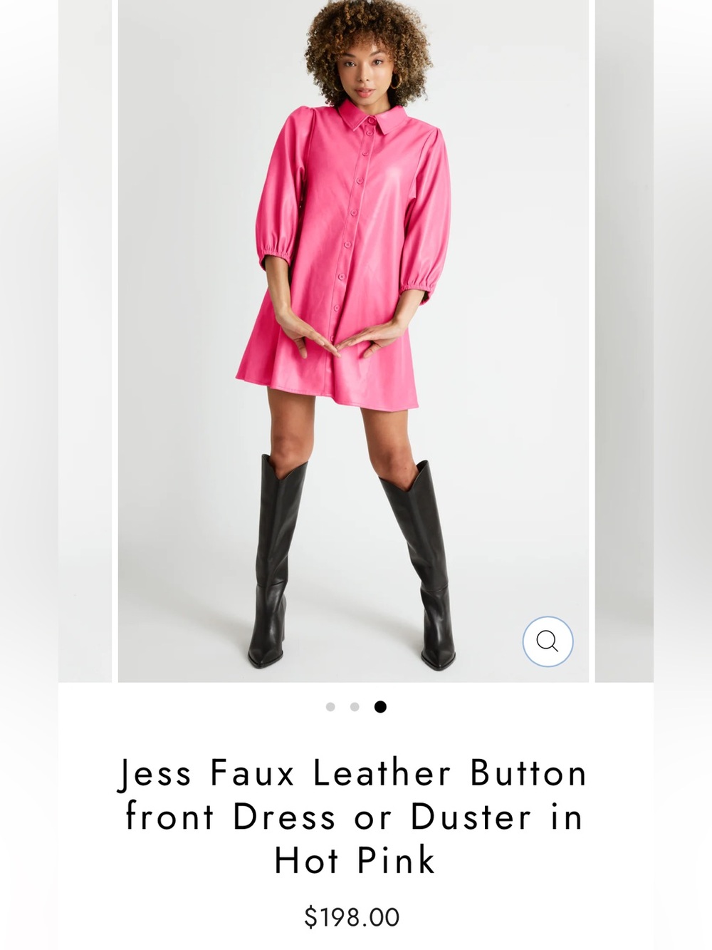 Dolce Cabo Hot Pink Vegan Faux Leather Puff Sleeve Shirt Dress Tunic Size M